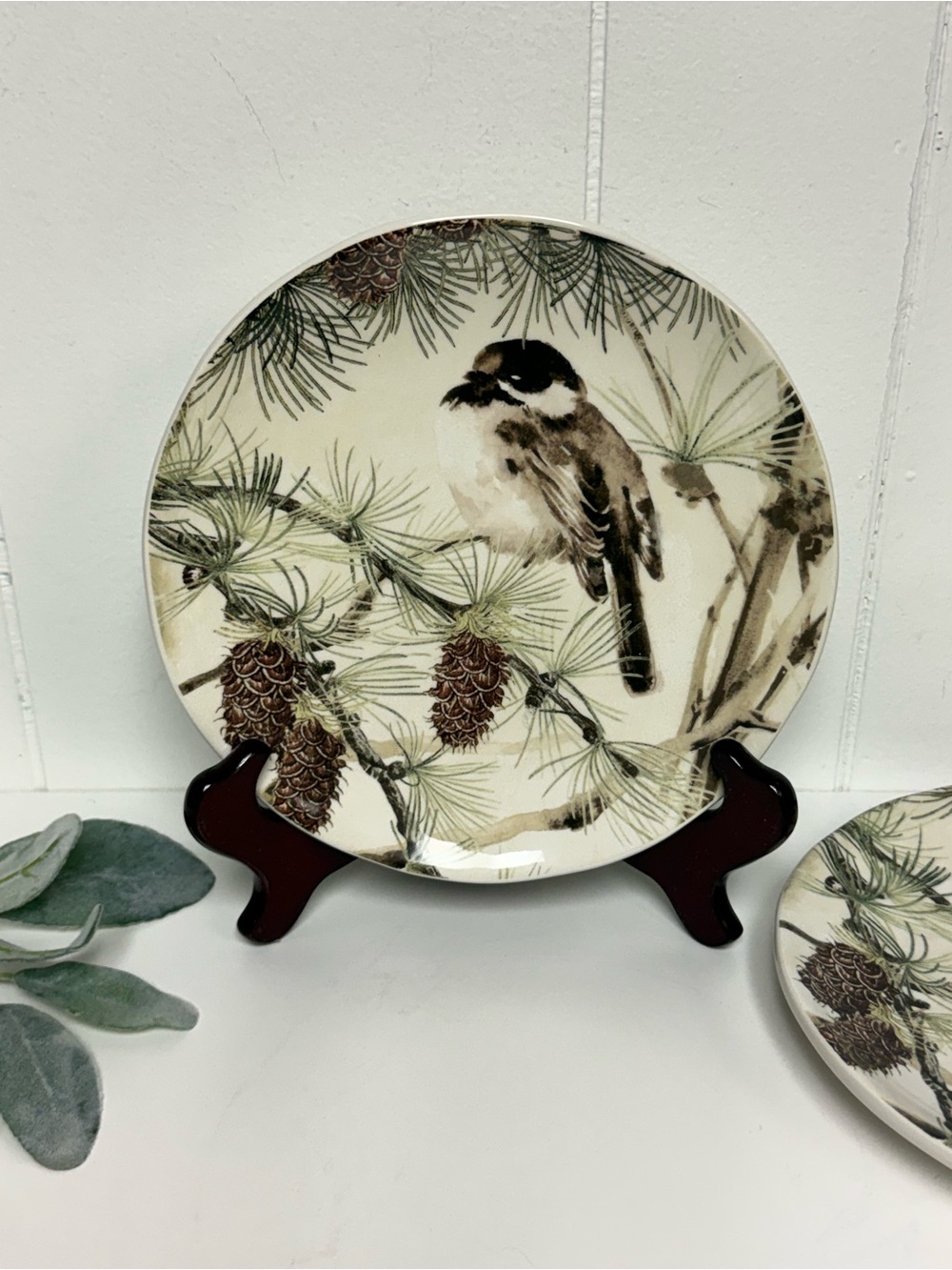 Pottery Barn 'Snowy Bird' Coupe Plate (Set of 2) Discontinued Winter Pinecone
